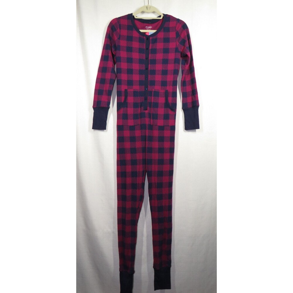 Jockey Women's Waffle Knit Navy Berry Plaid Unionsuit Back Flap Size Small